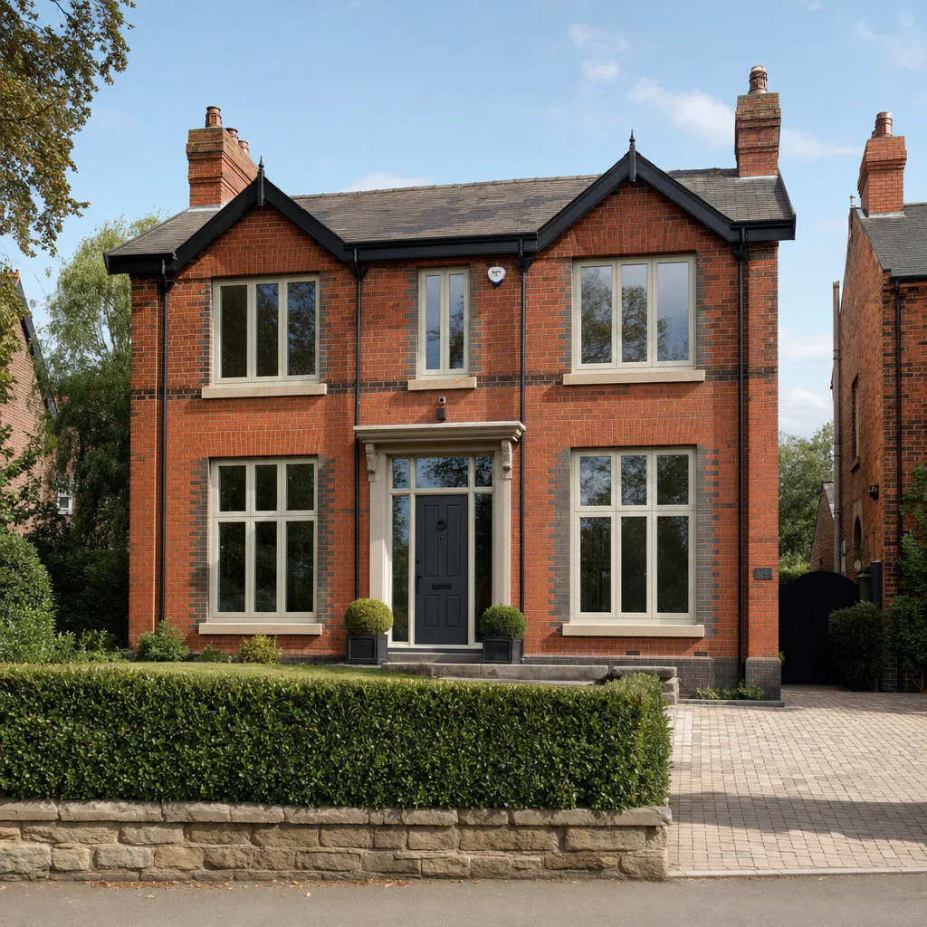 Double-fronted detached red-brick Yorkshire house with cream flush casement windows and charcoal composite front door
