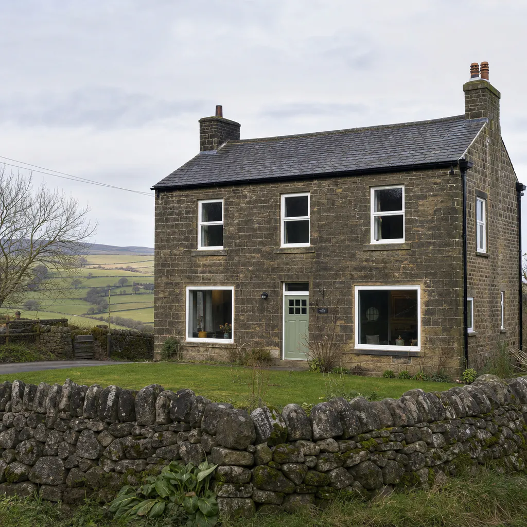 Stone farmhouse with flush sash windows on the edge of a Yorkshire village