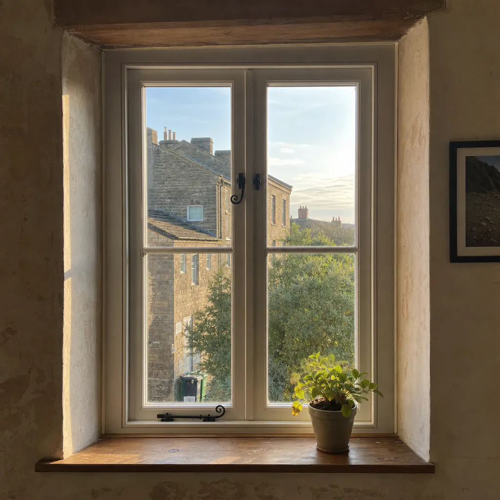 Interior view through a flush sash window in a Yorkshire period home
