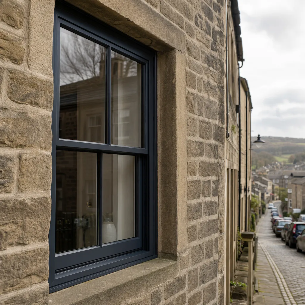 Flush sash windows installed on a stone terraced house in Hebden Bridge, Yorkshire
