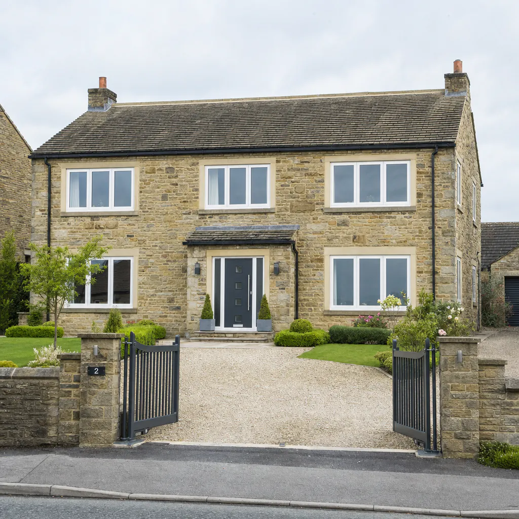 Detached Yorkshire stone house with new flush casement windows and anthracite grey composite front door